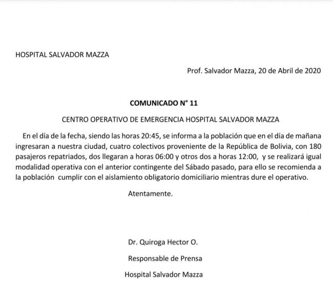 Aviso de nueva llegada de repatriados a la frontera