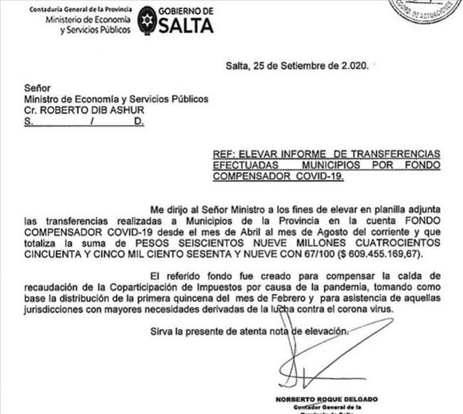 El informe a diputados firmado por el contador Gral. de la provincia