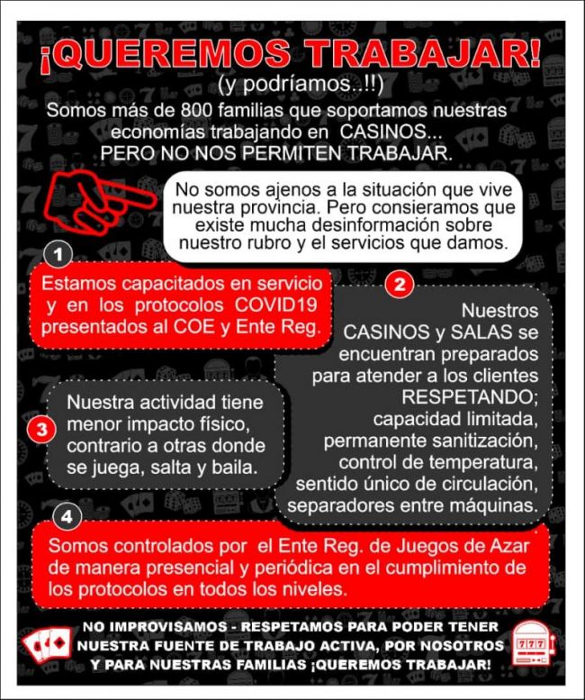 Trabajadores de casinos piden la reapertura