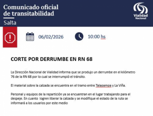 Comunicado de Vialidad Nacional